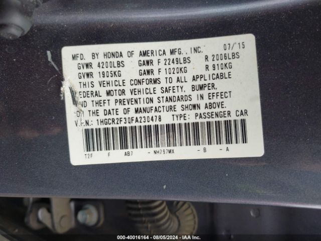 Photo 8 VIN: 1HGCR2F30FA230478 - HONDA ACCORD 