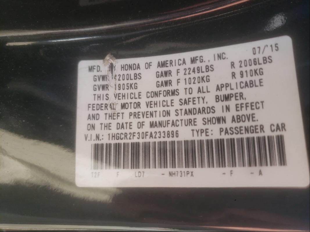 Photo 9 VIN: 1HGCR2F30FA233896 - HONDA ACCORD LX 