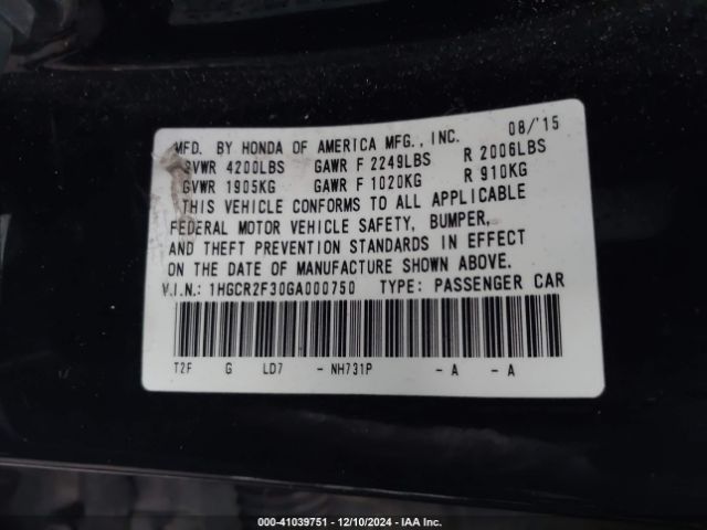 Photo 8 VIN: 1HGCR2F30GA000750 - HONDA ACCORD 