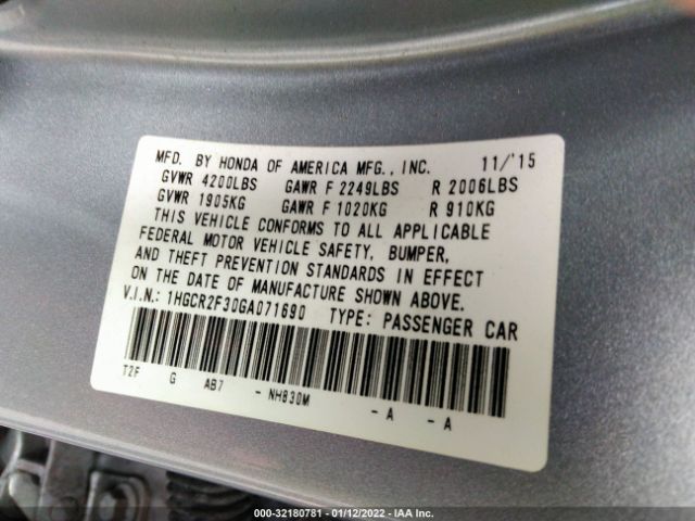 Photo 8 VIN: 1HGCR2F30GA071690 - HONDA ACCORD SEDAN 