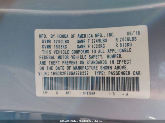 Photo 8 VIN: 1HGCR2F30GA229252 - HONDA ACCORD 