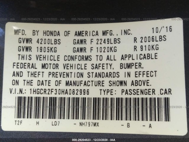 Photo 8 VIN: 1HGCR2F30HA082996 - HONDA ACCORD SEDAN 