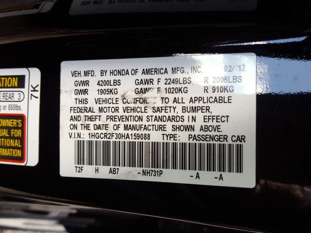 Photo 9 VIN: 1HGCR2F30HA159088 - HONDA ACCORD LX 