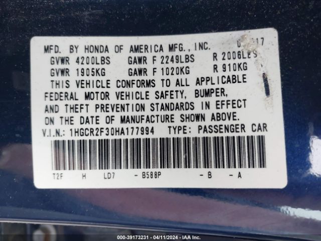 Photo 8 VIN: 1HGCR2F30HA177994 - HONDA ACCORD 