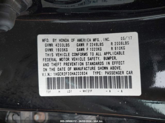 Photo 8 VIN: 1HGCR2F30HA233934 - HONDA ACCORD 