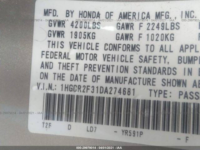 Photo 8 VIN: 1HGCR2F31DA274681 - HONDA ACCORD SDN 