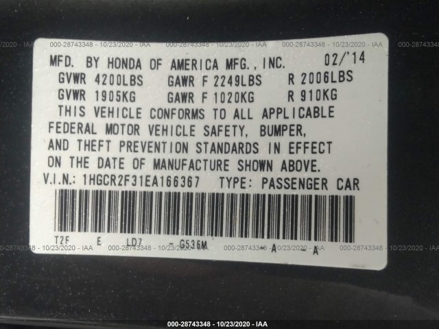 Photo 8 VIN: 1HGCR2F31EA166367 - HONDA ACCORD SEDAN 