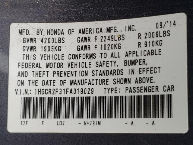 Photo 9 VIN: 1HGCR2F31FA019029 - HONDA ACCORD LX 