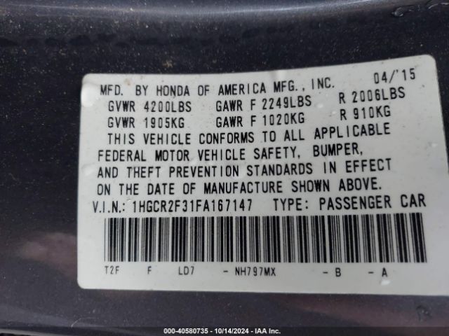 Photo 8 VIN: 1HGCR2F31FA167147 - HONDA ACCORD 