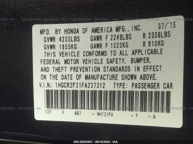 Photo 8 VIN: 1HGCR2F31FA237312 - HONDA ACCORD SEDAN 