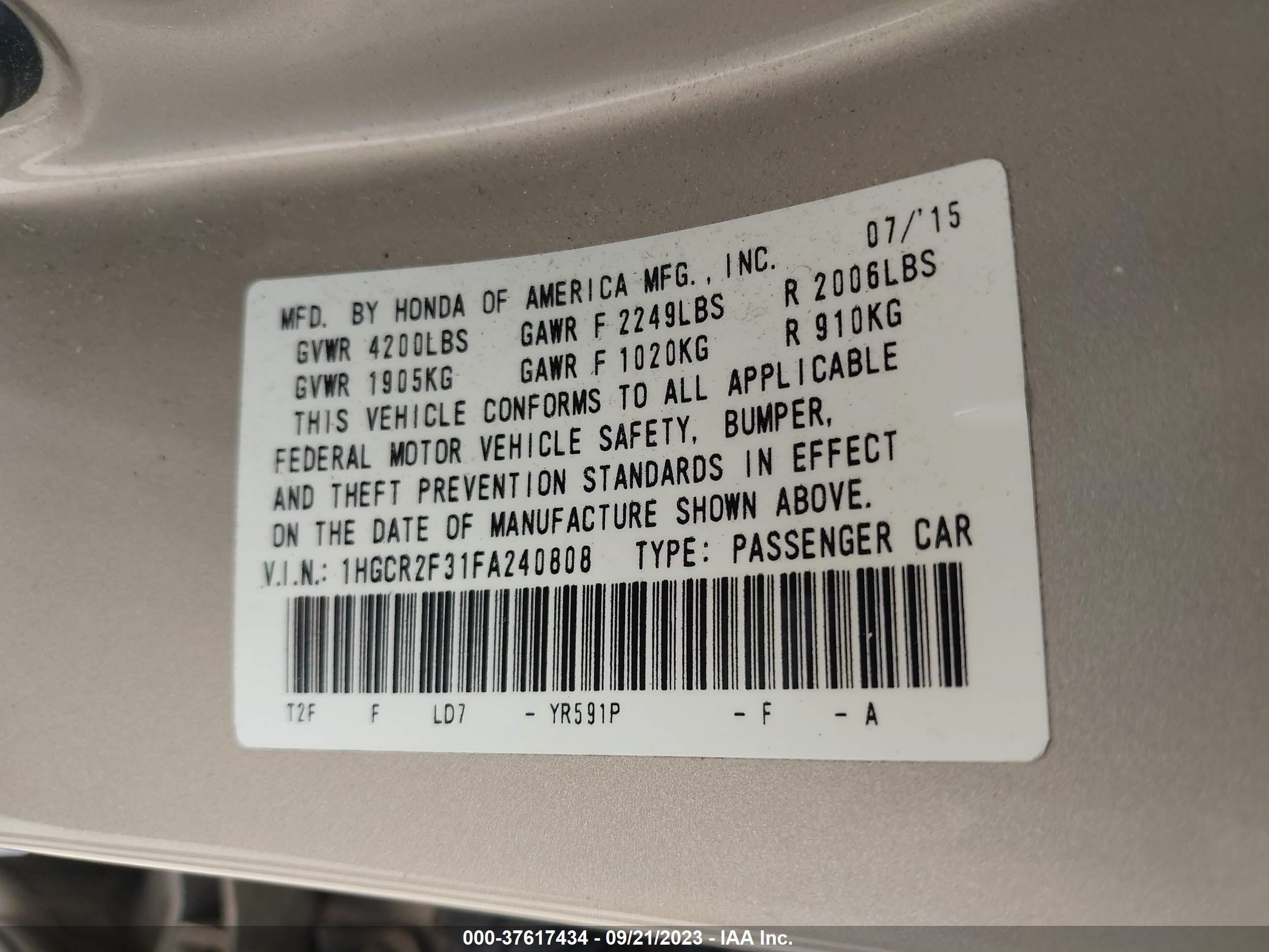 Photo 8 VIN: 1HGCR2F31FA240808 - HONDA ACCORD 