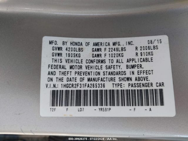 Photo 8 VIN: 1HGCR2F31FA265336 - HONDA ACCORD 