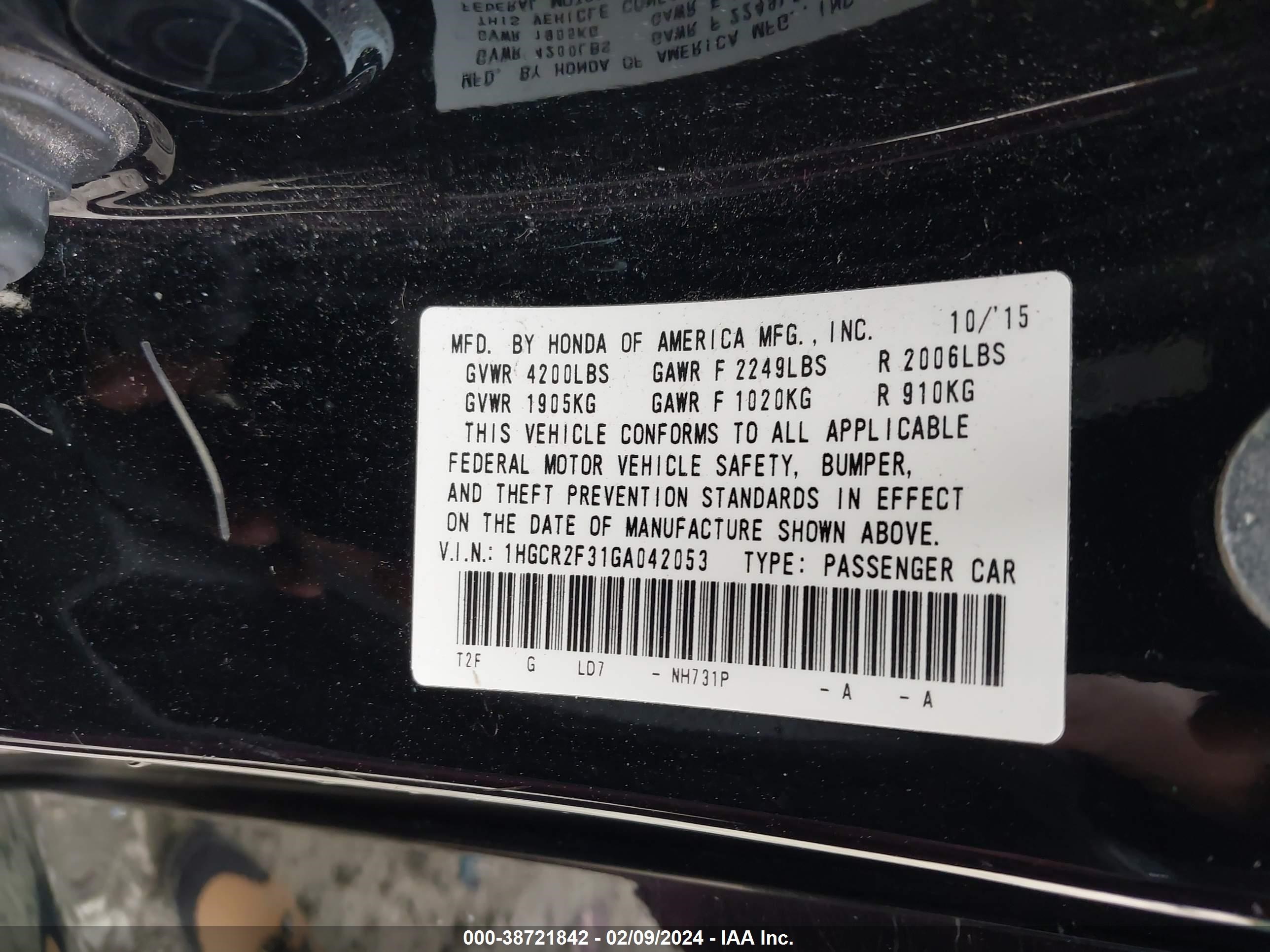 Photo 8 VIN: 1HGCR2F31GA042053 - HONDA ACCORD 