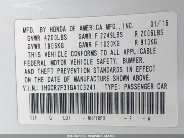 Photo 8 VIN: 1HGCR2F31GA103241 - HONDA ACCORD SEDAN 