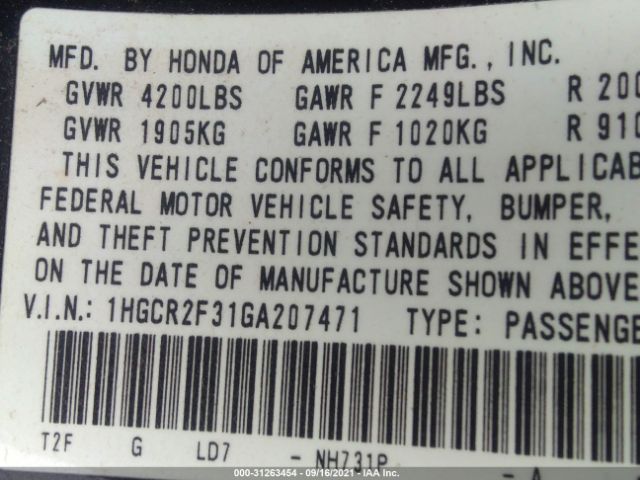 Photo 8 VIN: 1HGCR2F31GA207471 - HONDA ACCORD SEDAN 