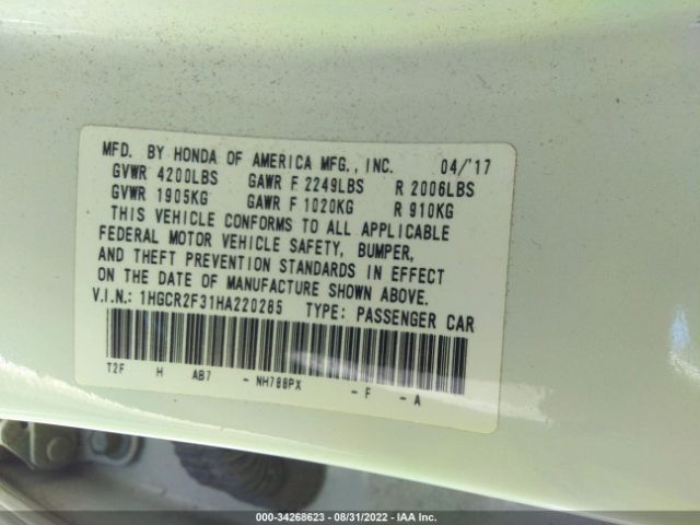 Photo 8 VIN: 1HGCR2F31HA220285 - HONDA ACCORD SEDAN 