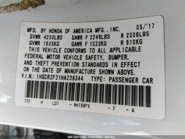 Photo 8 VIN: 1HGCR2F31HA238544 - HONDA ACCORD SEDAN 