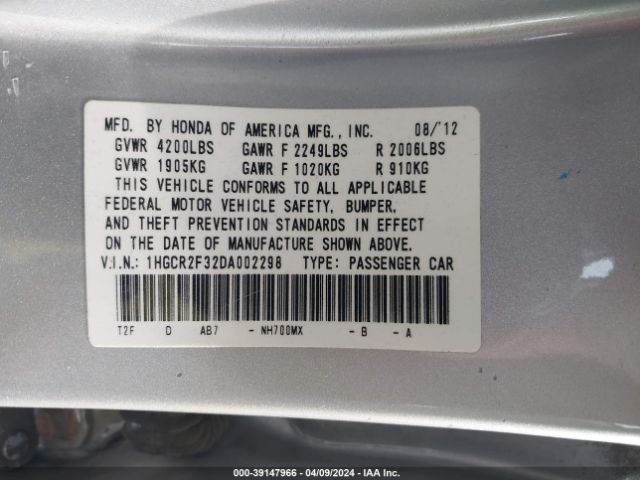 Photo 8 VIN: 1HGCR2F32DA002298 - HONDA ACCORD 