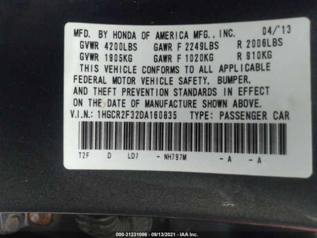 Photo 8 VIN: 1HGCR2F32DA160835 - HONDA ACCORD SDN 