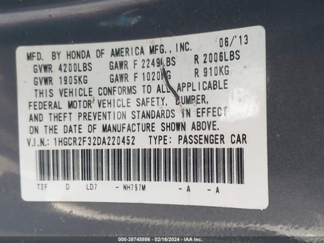 Photo 8 VIN: 1HGCR2F32DA220452 - HONDA ACCORD 