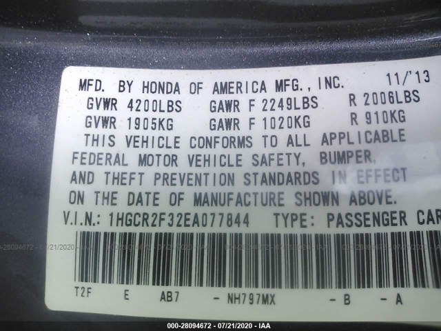 Photo 8 VIN: 1HGCR2F32EA077844 - HONDA ACCORD SEDAN 