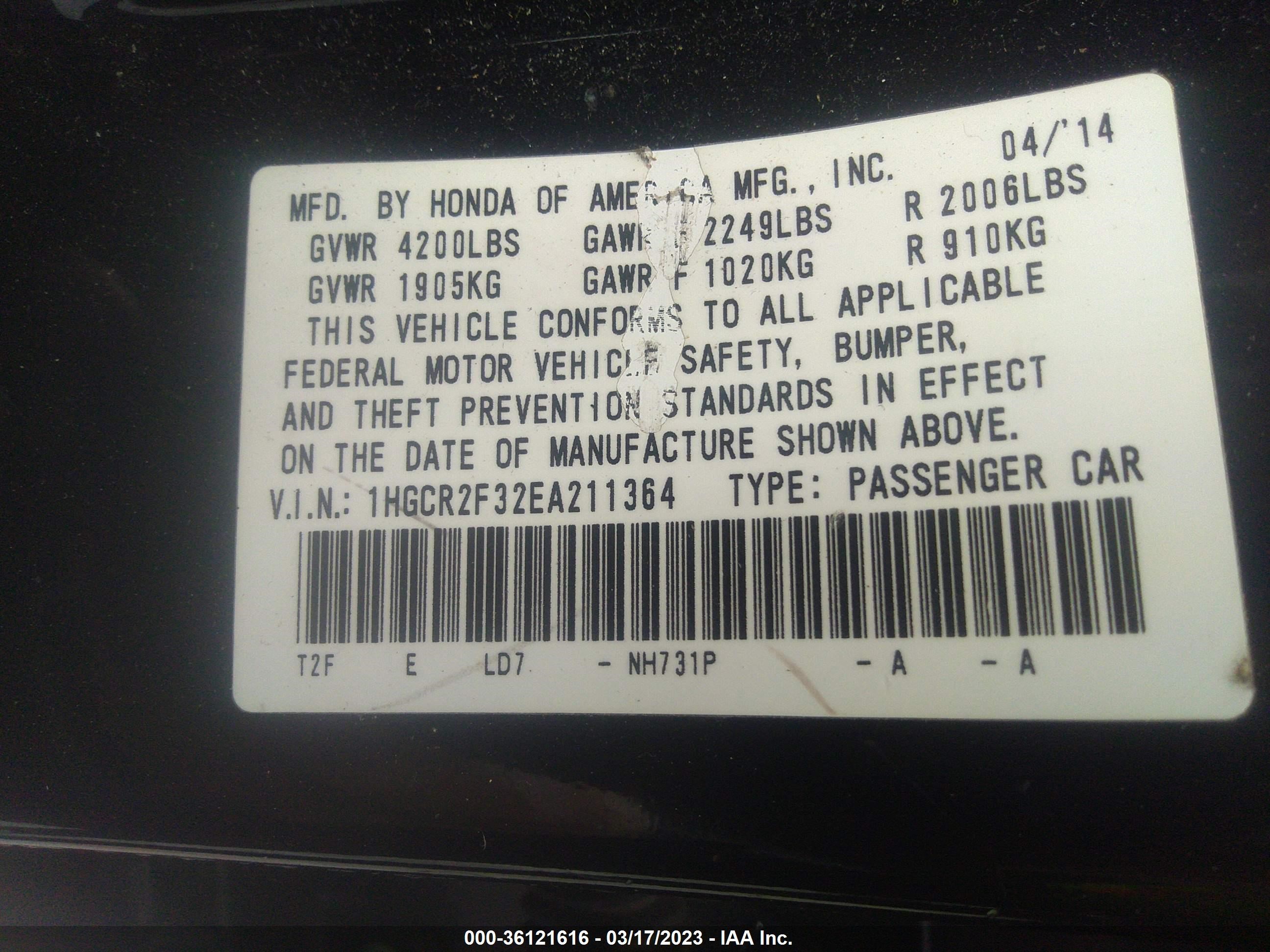 Photo 8 VIN: 1HGCR2F32EA211364 - HONDA ACCORD 