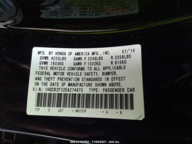 Photo 8 VIN: 1HGCR2F32EA274870 - HONDA ACCORD SEDAN 