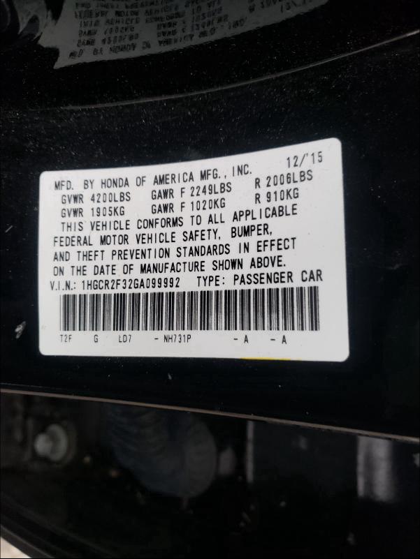 Photo 9 VIN: 1HGCR2F32GA099992 - HONDA ACCORD LX 