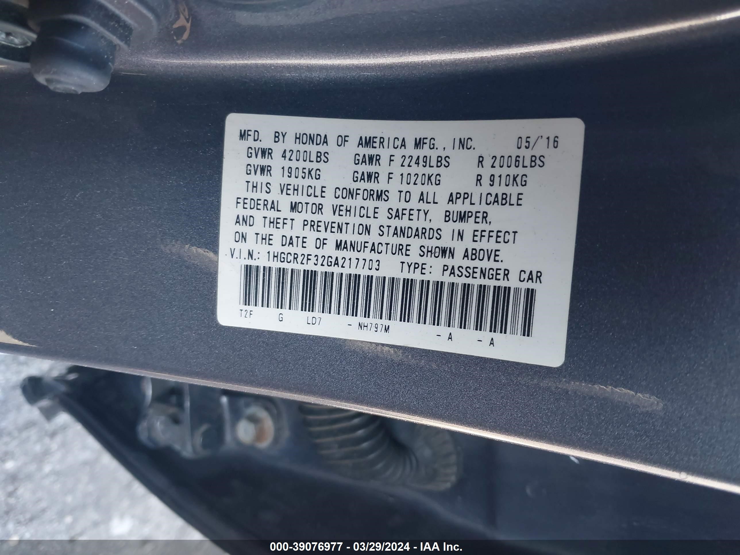 Photo 8 VIN: 1HGCR2F32GA217703 - HONDA ACCORD 