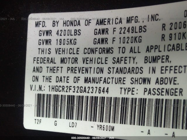 Photo 8 VIN: 1HGCR2F32GA237644 - HONDA ACCORD SEDAN 