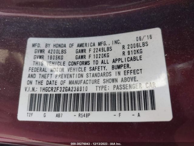 Photo 8 VIN: 1HGCR2F32GA238910 - HONDA ACCORD 