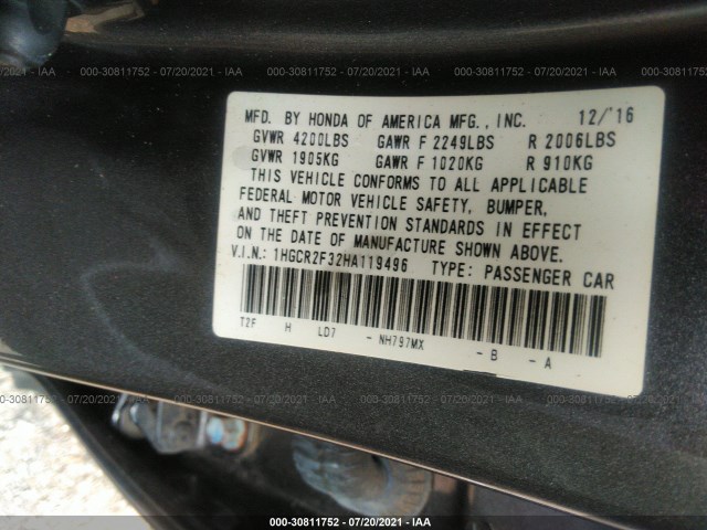 Photo 8 VIN: 1HGCR2F32HA119496 - HONDA ACCORD SEDAN 