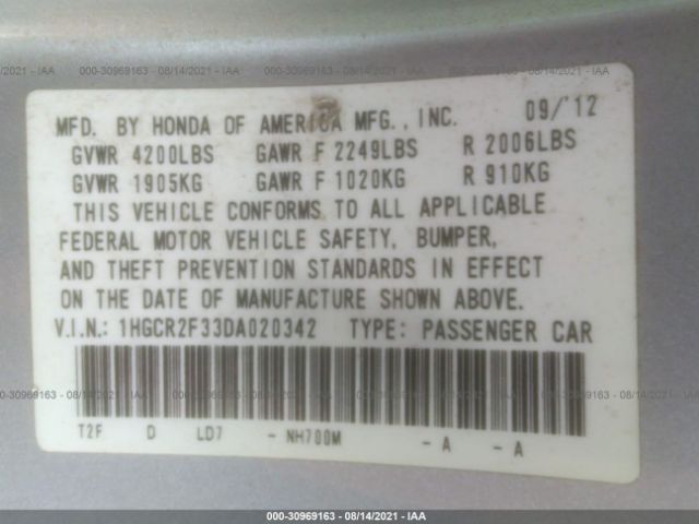 Photo 8 VIN: 1HGCR2F33DA020342 - HONDA ACCORD SDN 