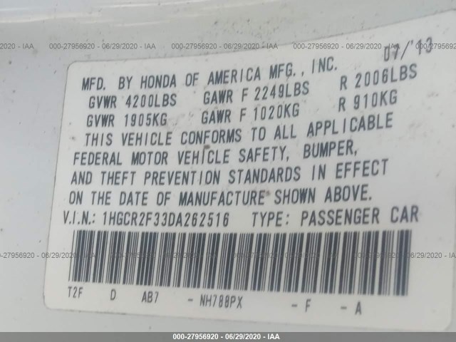 Photo 8 VIN: 1HGCR2F33DA262516 - HONDA ACCORD SDN 