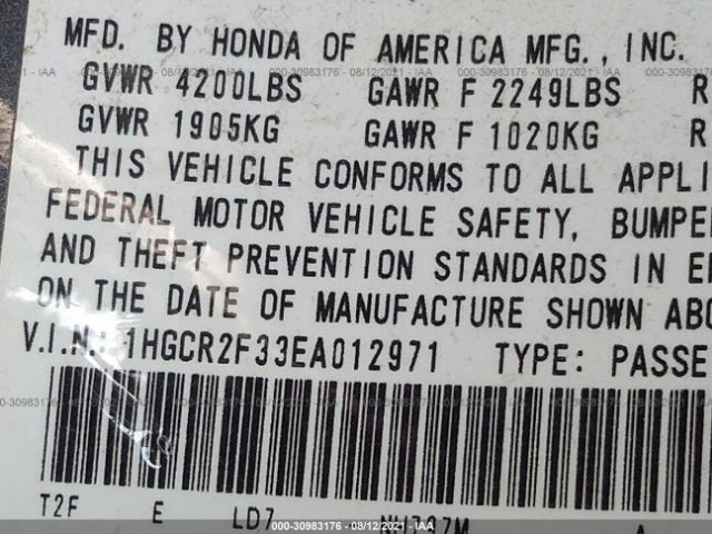 Photo 8 VIN: 1HGCR2F33EA012971 - HONDA ACCORD SEDAN 