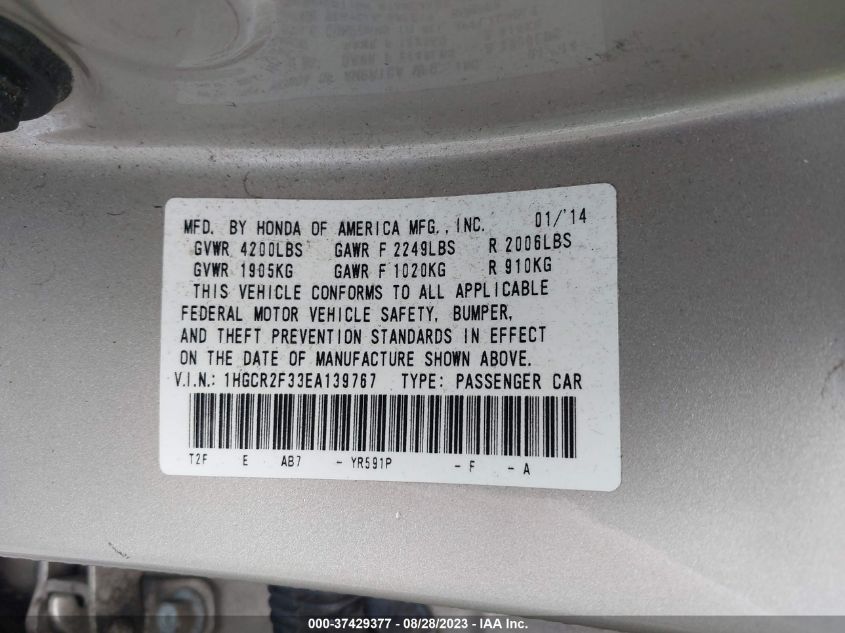 Photo 8 VIN: 1HGCR2F33EA139767 - HONDA ACCORD LX 