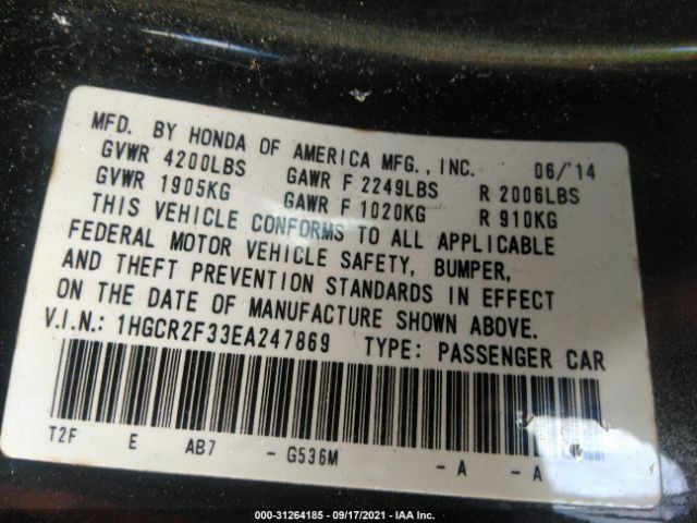 Photo 8 VIN: 1HGCR2F33EA247869 - HONDA ACCORD SEDAN 