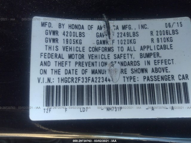 Photo 8 VIN: 1HGCR2F33FA223444 - HONDA ACCORD SEDAN 