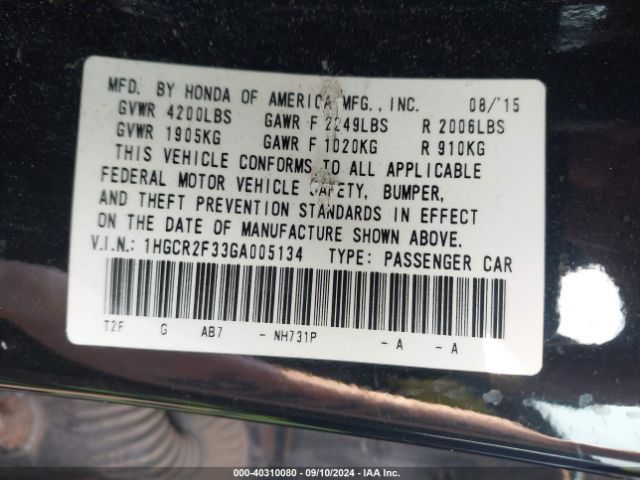 Photo 8 VIN: 1HGCR2F33GA005134 - HONDA ACCORD 