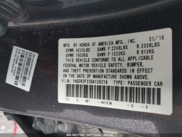 Photo 8 VIN: 1HGCR2F33GA109218 - HONDA ACCORD 