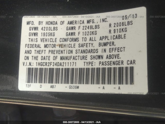 Photo 8 VIN: 1HGCR2F34DA211171 - HONDA ACCORD SDN 