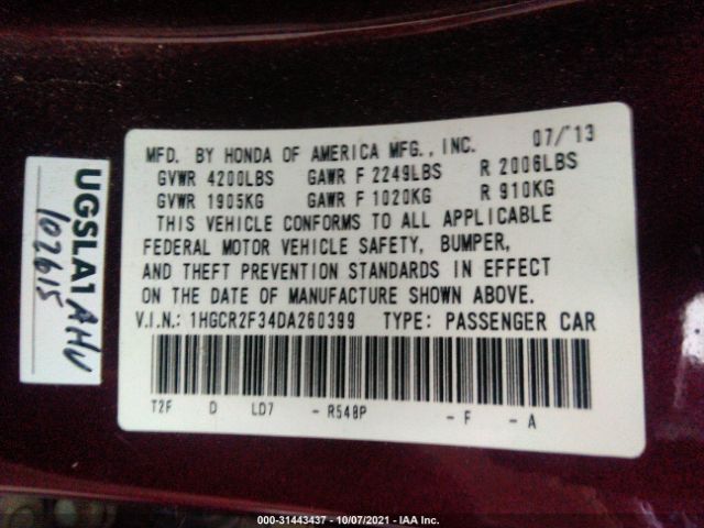 Photo 8 VIN: 1HGCR2F34DA260399 - HONDA ACCORD SDN 