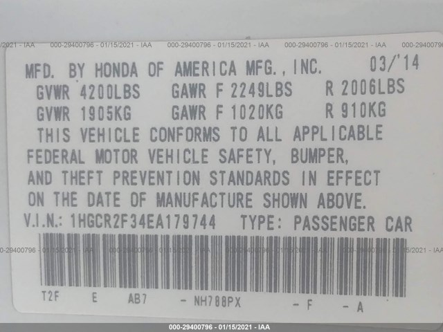 Photo 8 VIN: 1HGCR2F34EA179744 - HONDA ACCORD SEDAN 