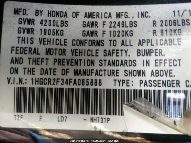 Photo 8 VIN: 1HGCR2F34FA065888 - HONDA ACCORD SEDAN 