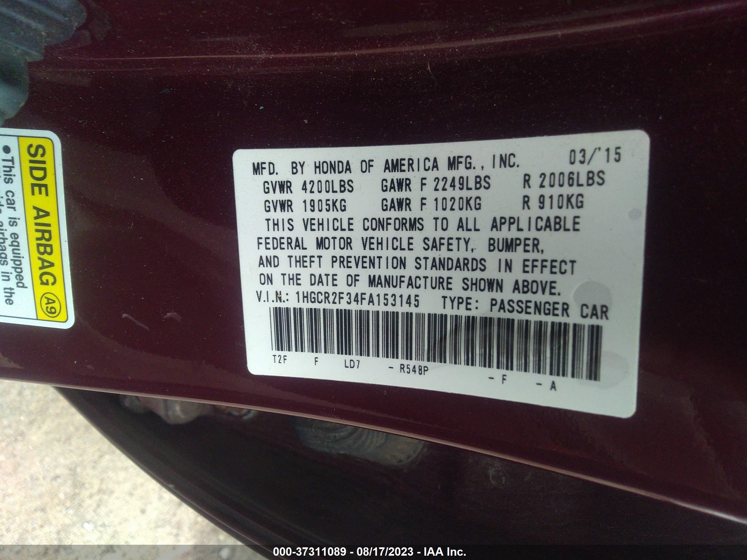 Photo 8 VIN: 1HGCR2F34FA153145 - HONDA ACCORD 