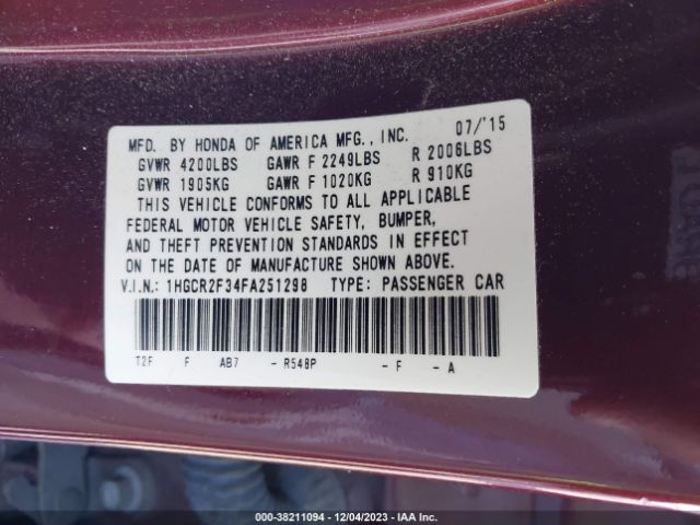 Photo 8 VIN: 1HGCR2F34FA251298 - HONDA ACCORD 