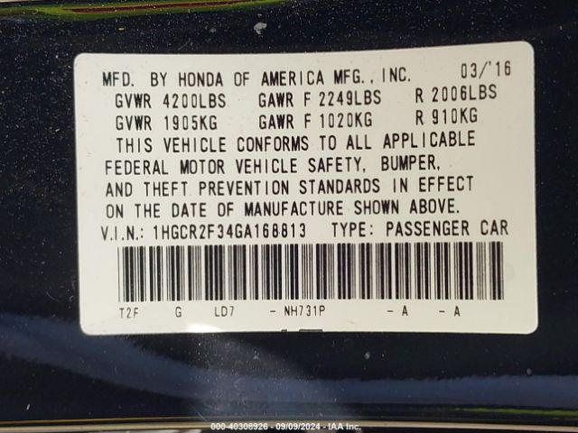 Photo 8 VIN: 1HGCR2F34GA168813 - HONDA ACCORD 