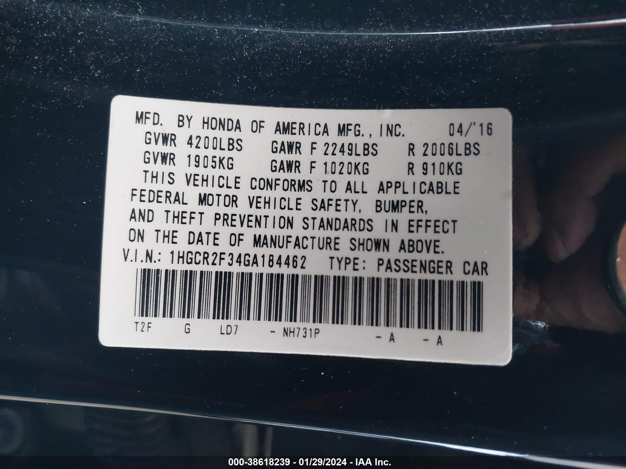 Photo 8 VIN: 1HGCR2F34GA184462 - HONDA ACCORD 