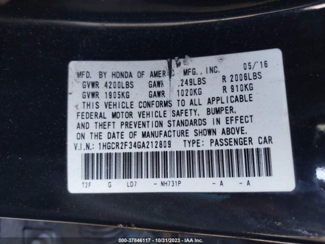 Photo 8 VIN: 1HGCR2F34GA212809 - HONDA ACCORD SEDAN 