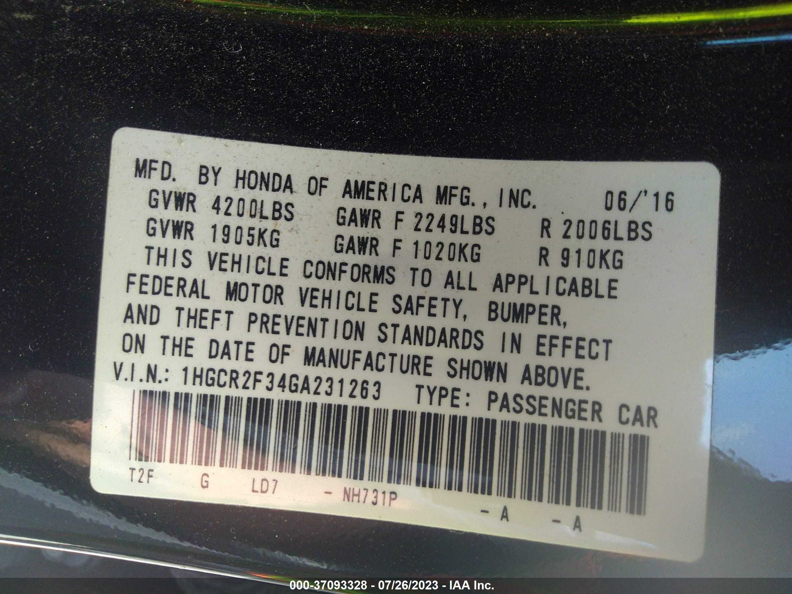 Photo 8 VIN: 1HGCR2F34GA231263 - HONDA ACCORD 